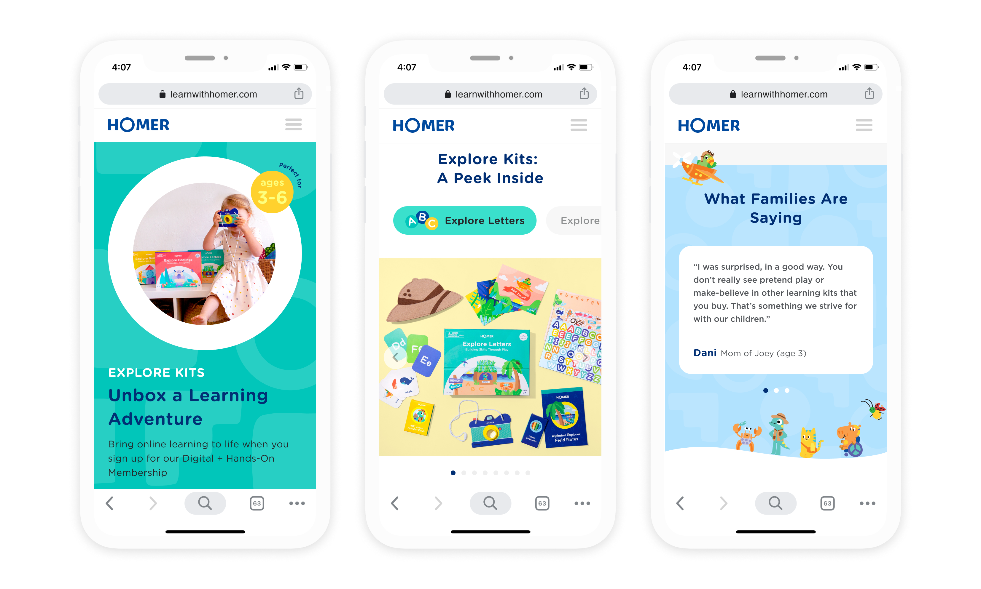 HOMER Explore Kits product page — mobile mockups