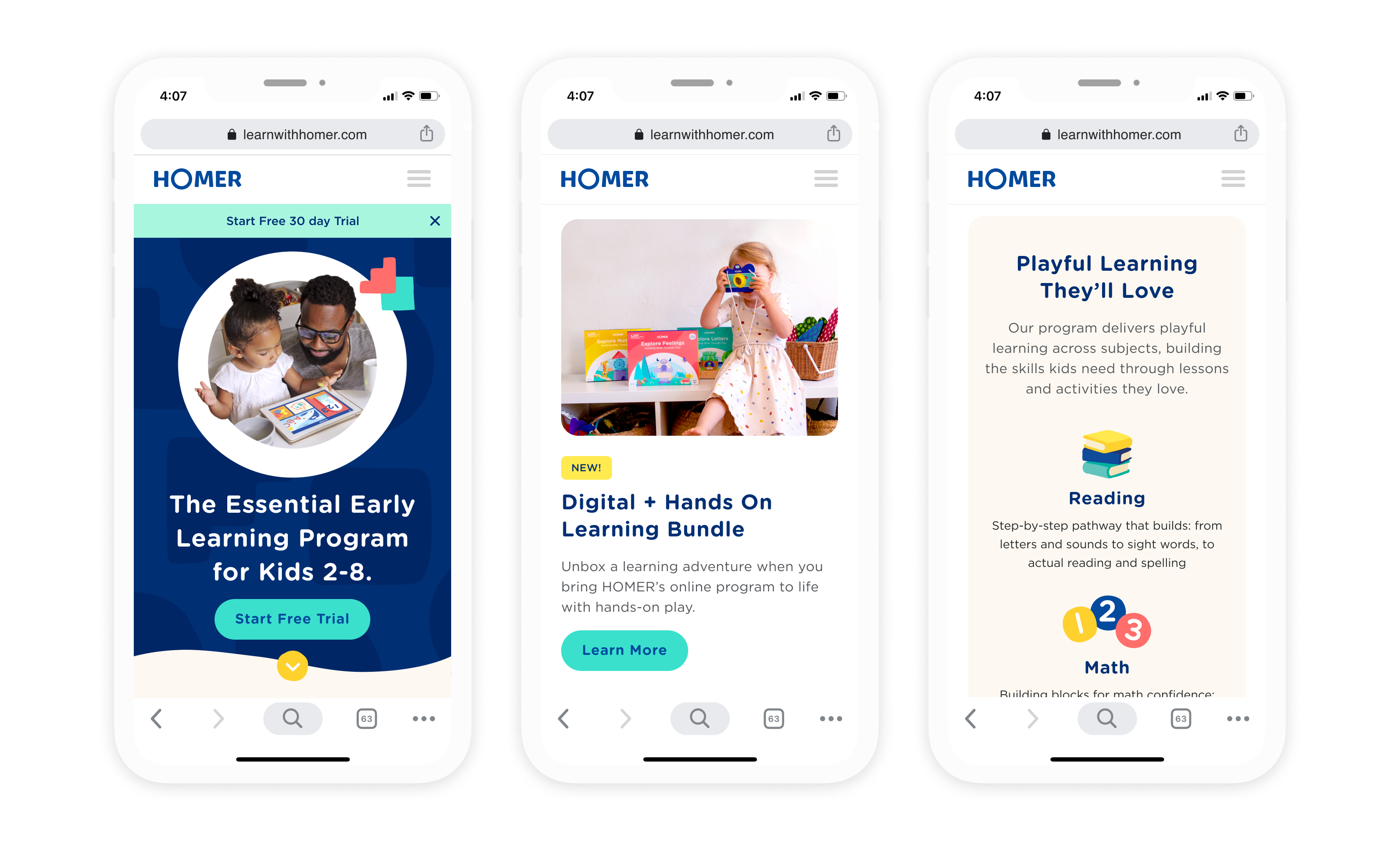 HOMER homepage and key pages — mobile mockups