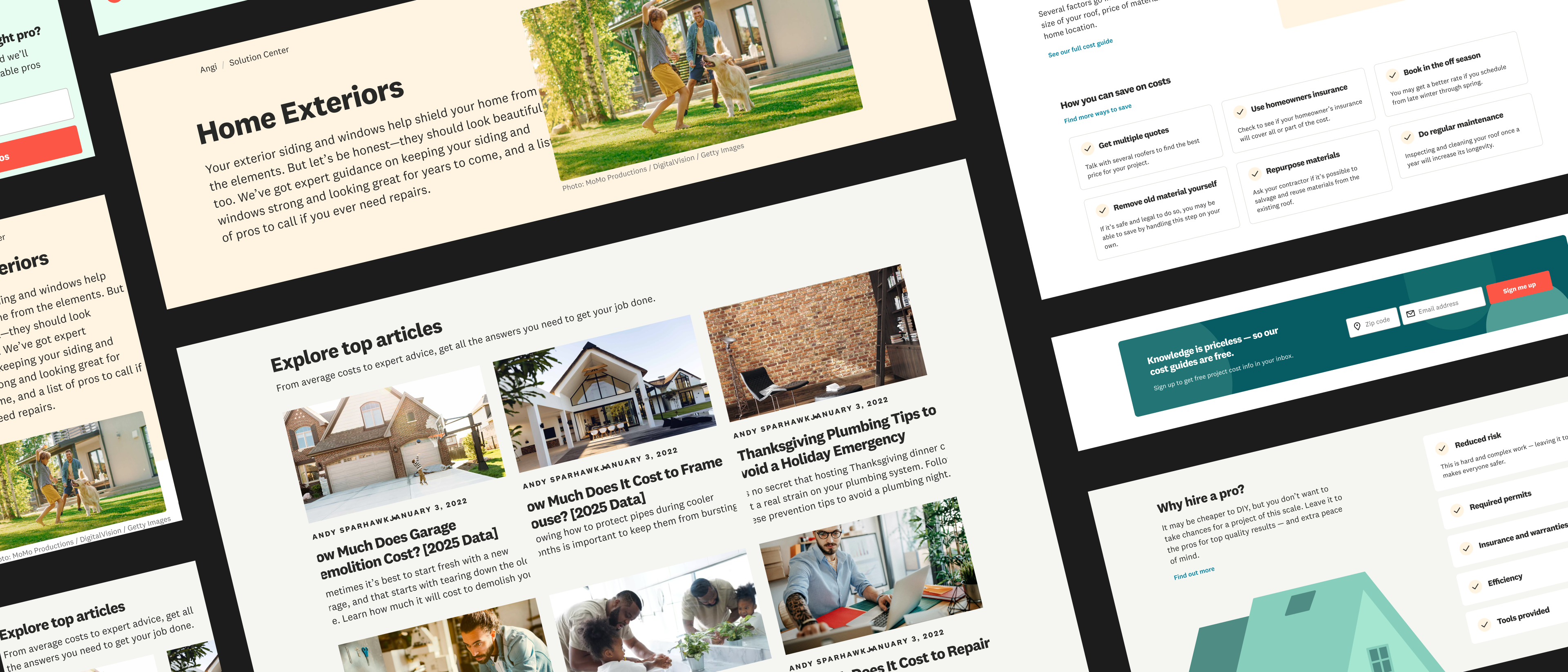 Angi Solution Center Home Exteriors page mockup with hero, article grid, and design system components
