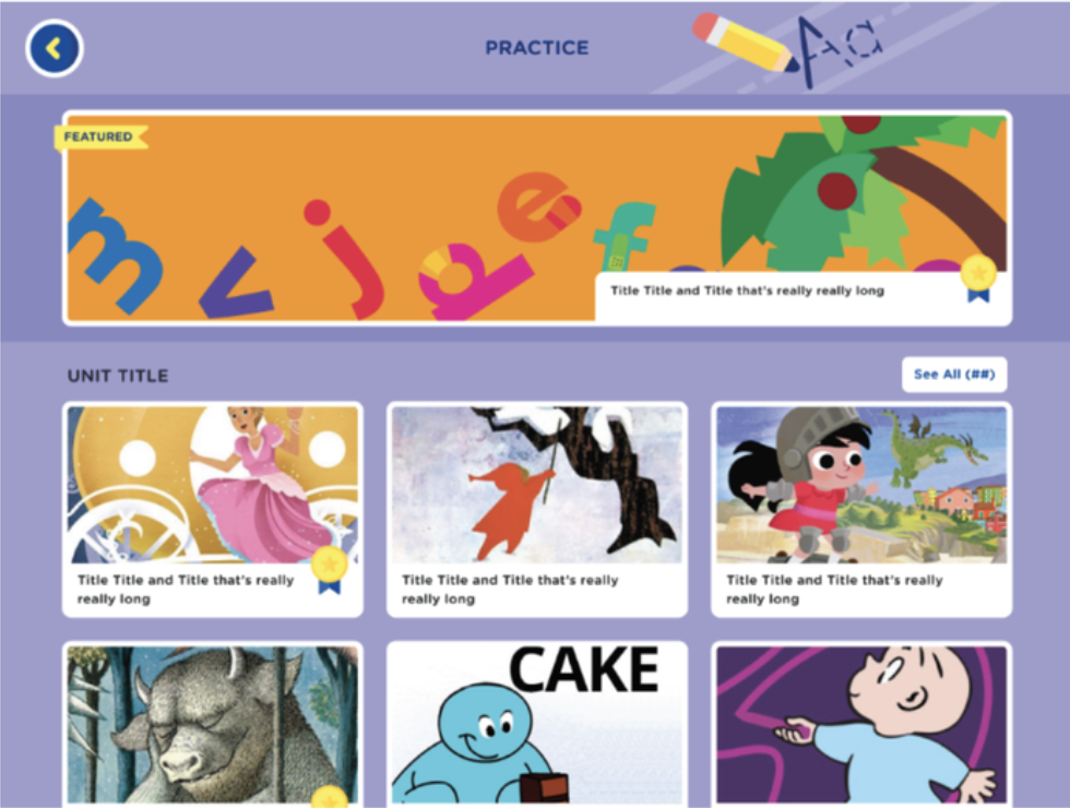 Content menu with featured unit and grid of lesson artwork thumbnails