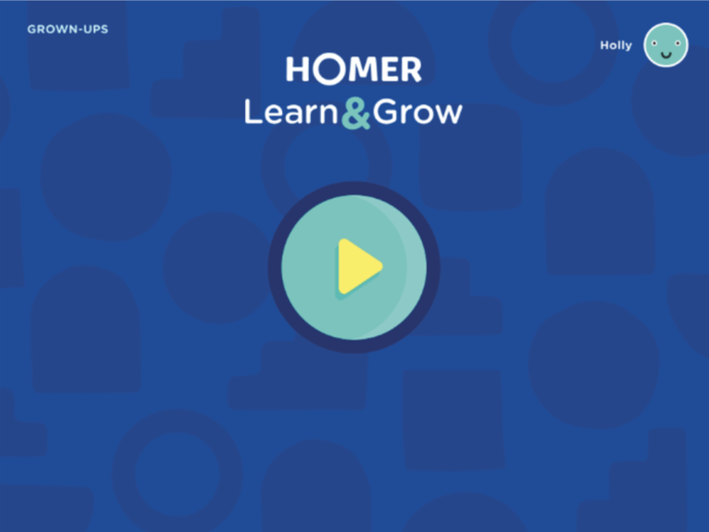HOMER Learn & Grow redesigned home screen with centered play control and grown-ups entry