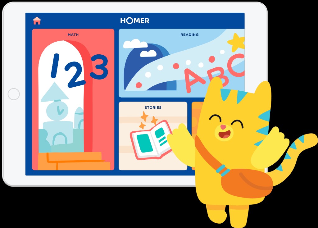 HOMER Learn & Grow on a tablet with subject tiles for Math, Reading, and Stories beside the HOMER cat mascot