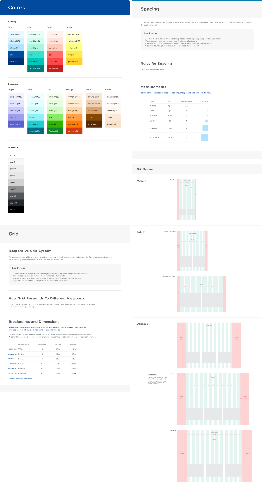 Design system — colors, spacing, and responsive grid