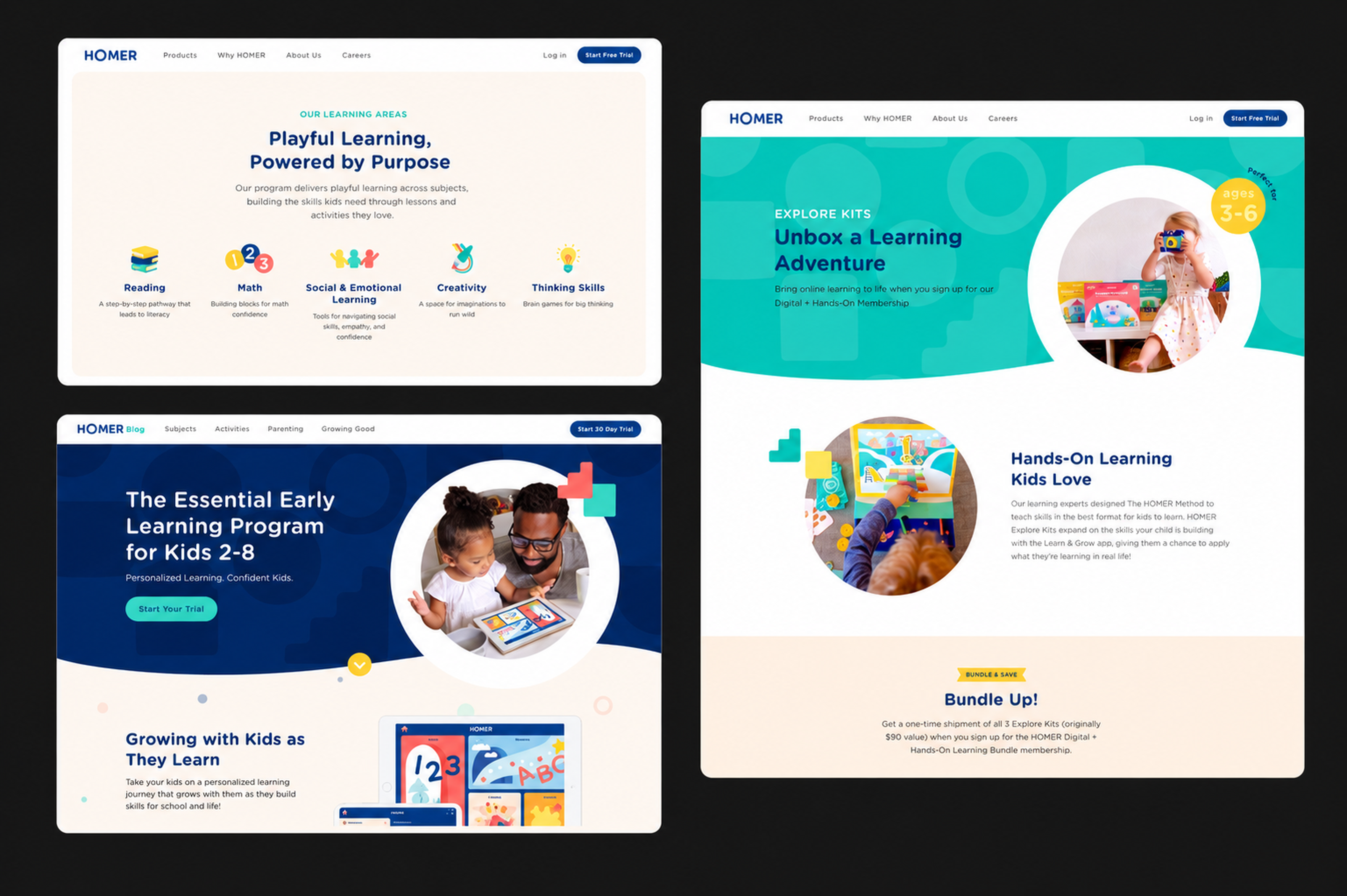 HOMER marketing site redesign mockups on a dark background showing learning areas, blog hero, and Explore Kits pages