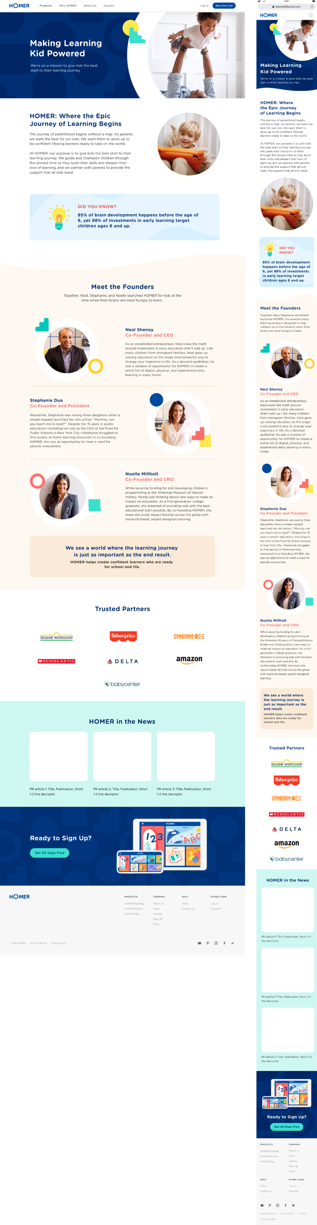 HOMER About page — desktop and mobile mockups