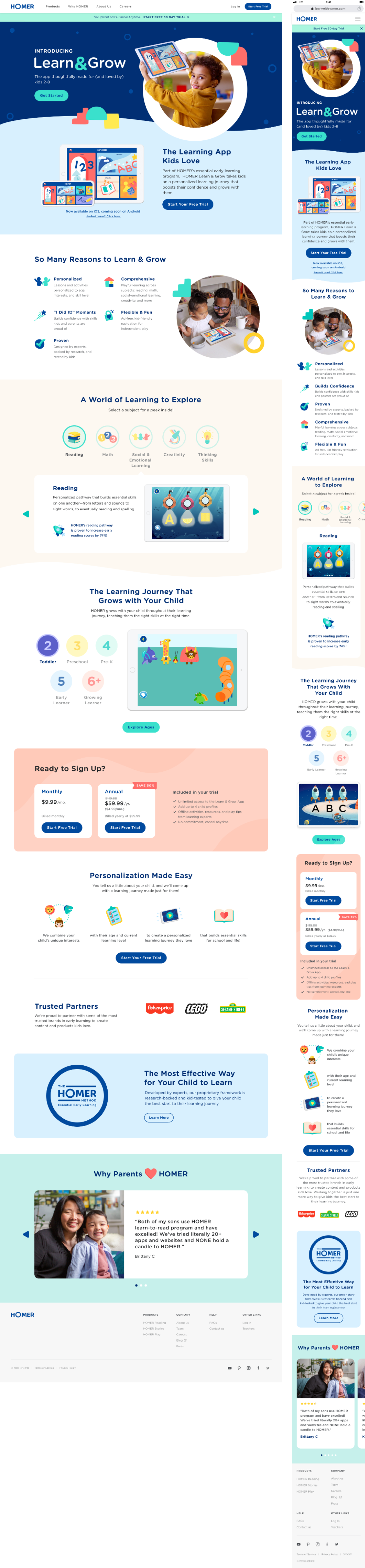 HOMER ages 2–8 program page — desktop and mobile mockups