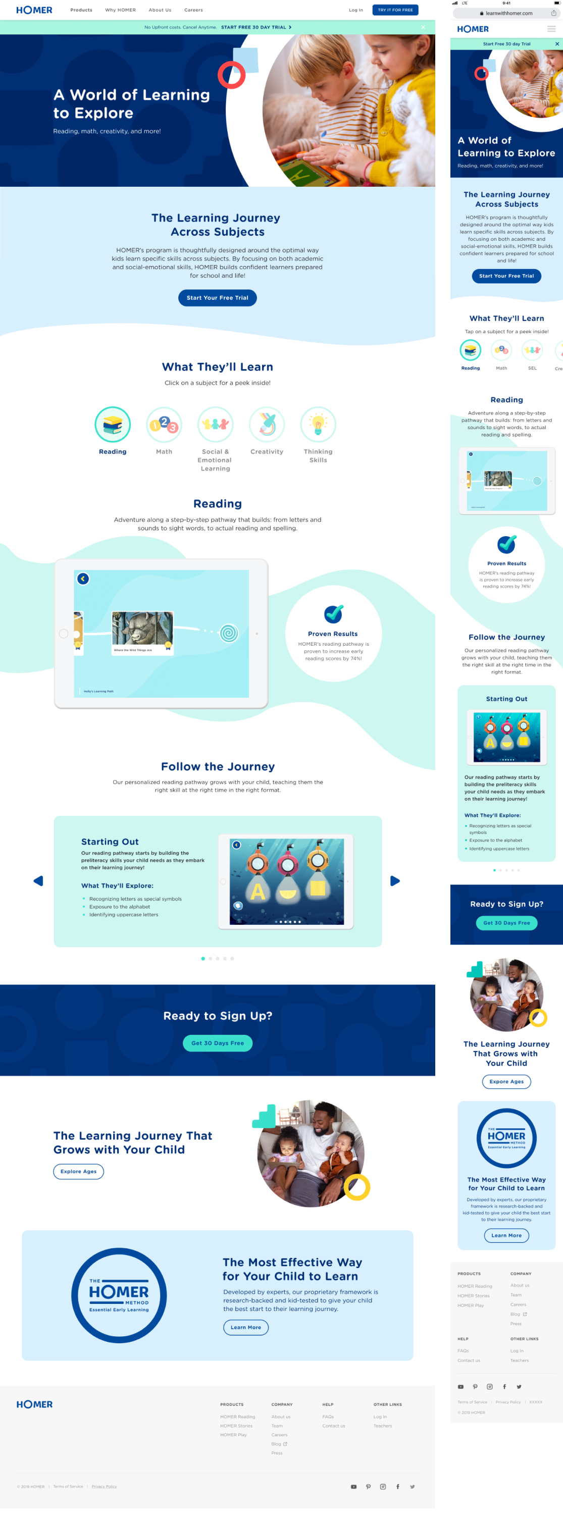HOMER Learn and Grow page — desktop and mobile mockups