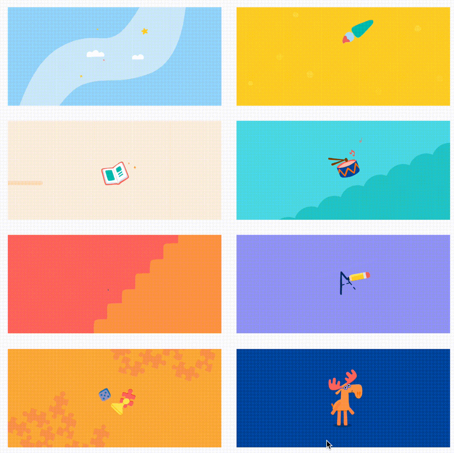 Learn & Grow subject thumbnails in a grid with playful motion and color